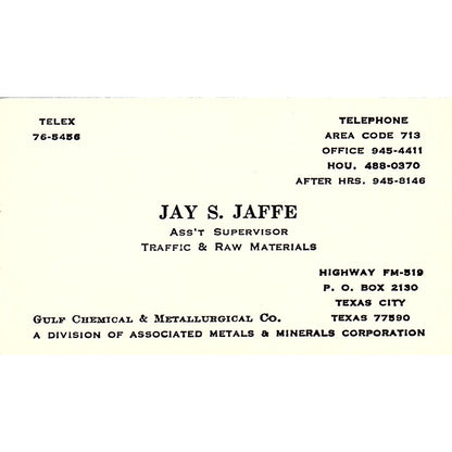 Jay S Jaffe Gulf Chemical & Metallurgical Co Texas City Vtg Business Card SC9-B4