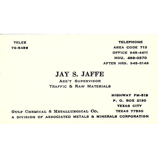 Jay S Jaffe Gulf Chemical & Metallurgical Co Texas City Vtg Business Card SC9-B4