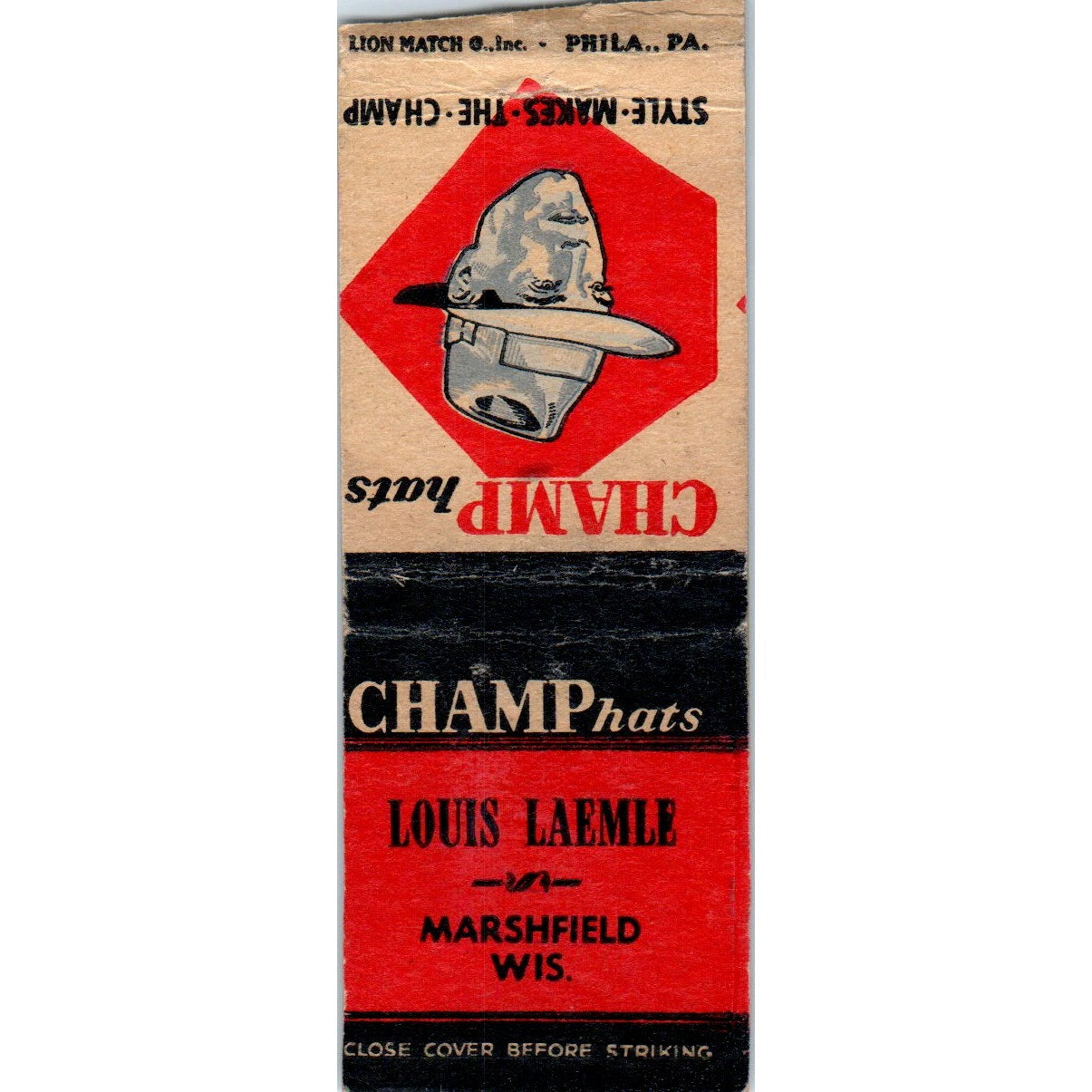 Louis Laemle Champ Hat Marshfield WI Vintage Matchbook Cover SD2-Y15