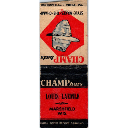 Louis Laemle Champ Hat Marshfield WI Vintage Matchbook Cover SD2-Y15