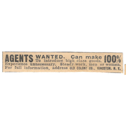 Agents Wanted Old Colony Co Kingston NY 1910 Magazine Ad AF1-SS7