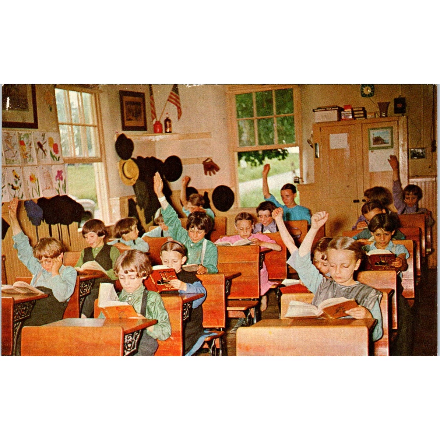 Amish Children At Desks in School Pennsylvania Dutch Country Postcard PD8
