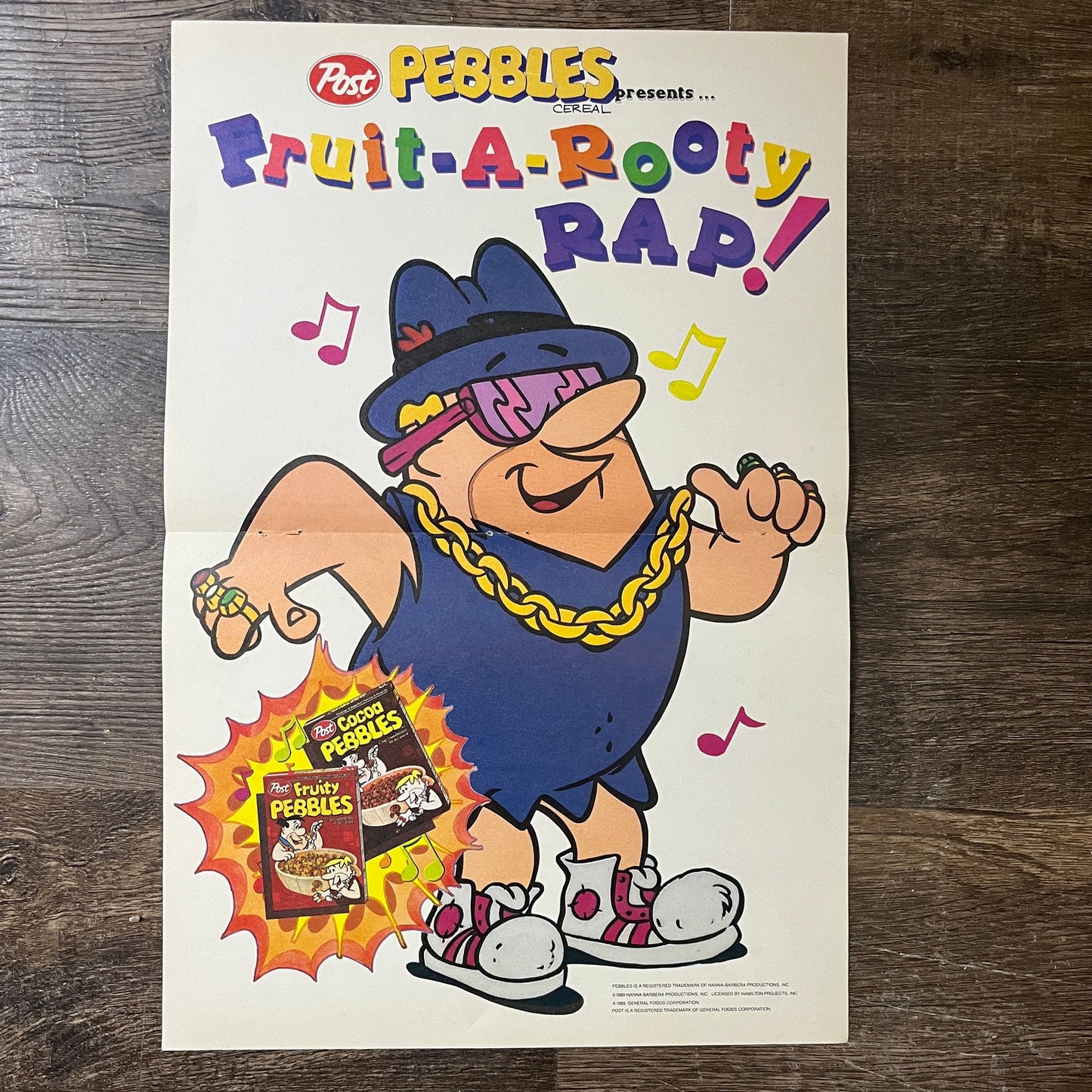Post Fruity Pebbles Fruit-A-Rooty Rap Barney Rubble Centerfold Poster Ad AF3-1