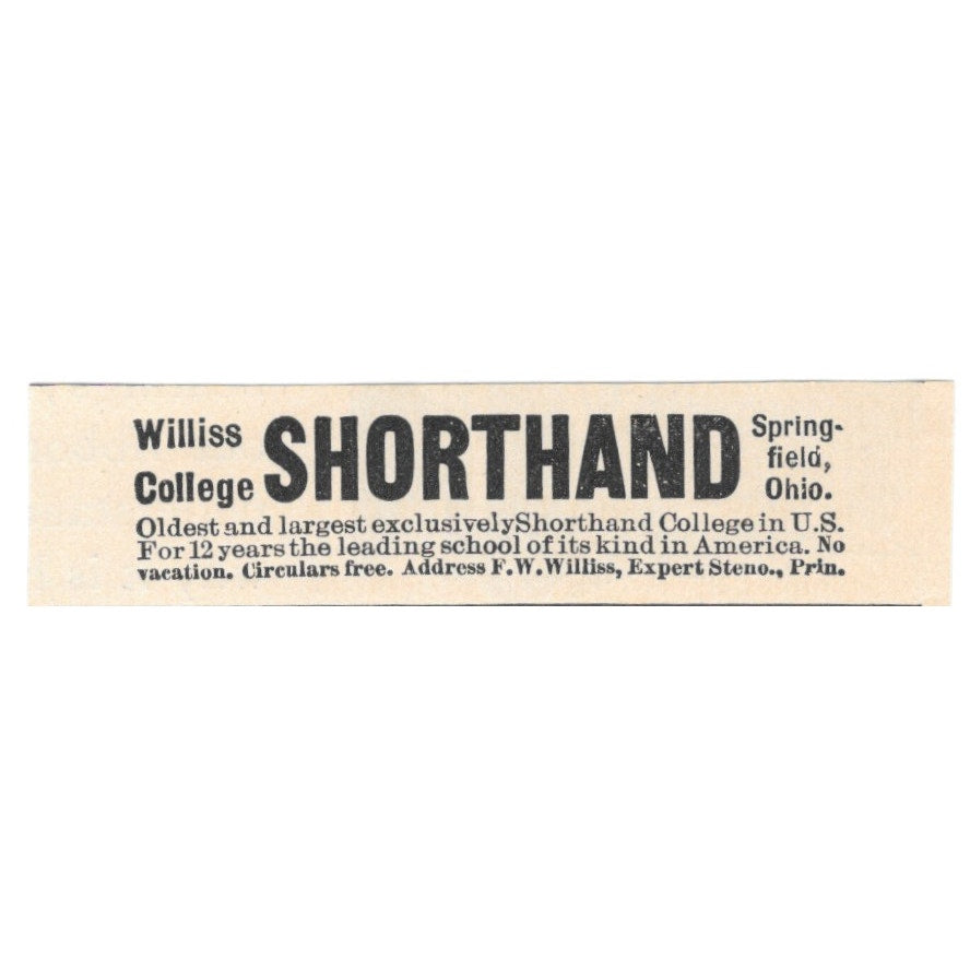 Williss College Shorthand Springfield Ohio 1892 Magazine Ad AK6-S3