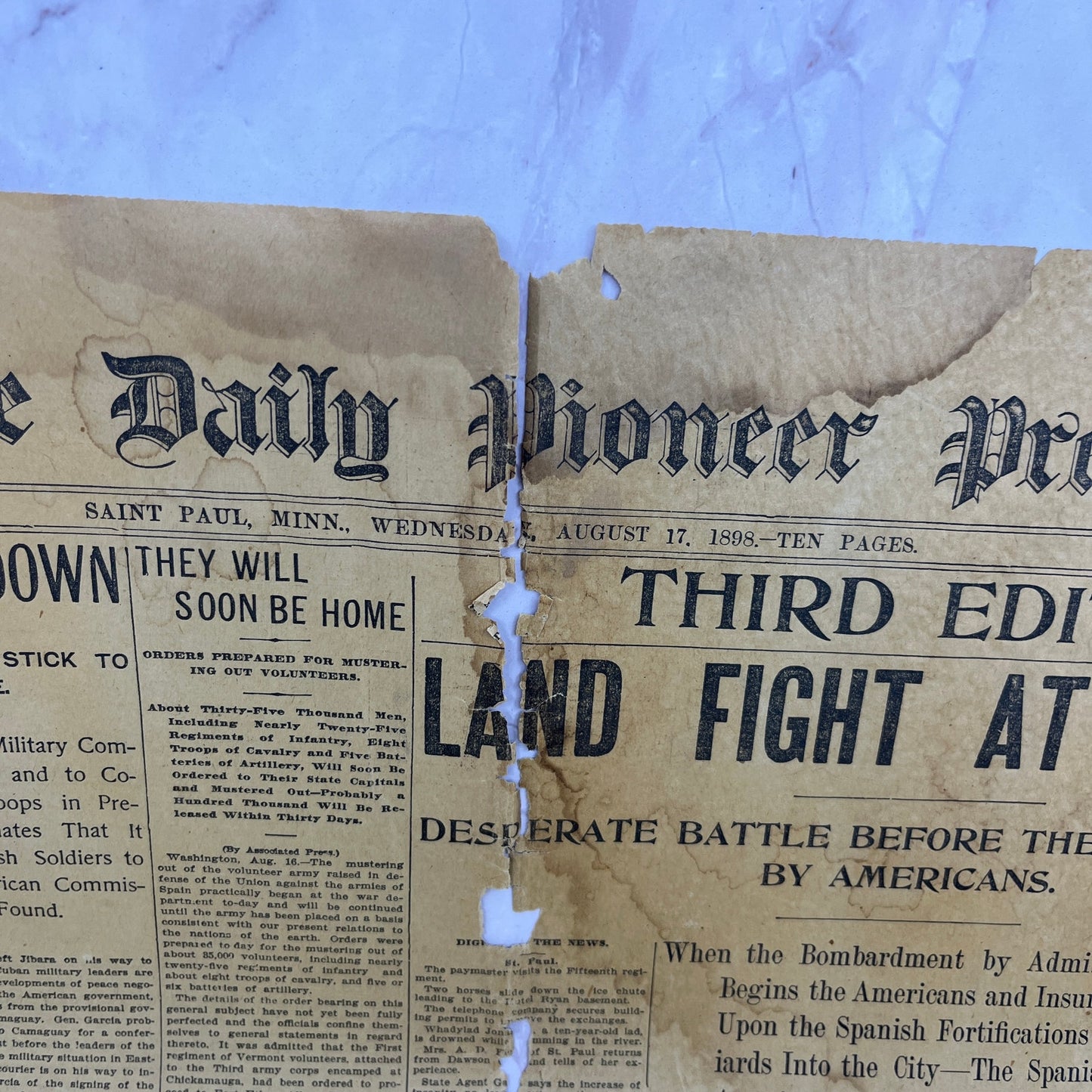 1898 St. Paul Pioneer Press Front Page Spanish American War Fight at Manila D23