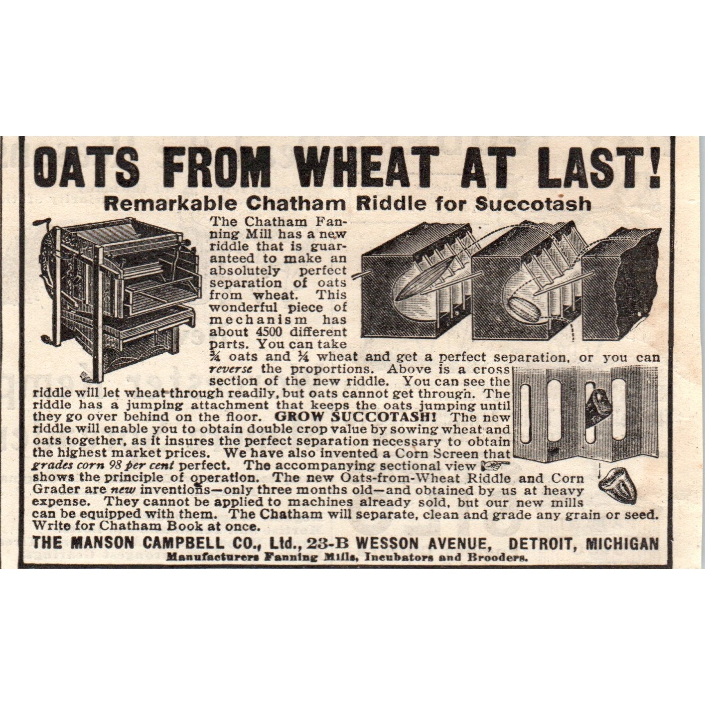 Chatham Fanning Mill Manson Campbell Co Detroit MI 1905 Magazine Ad AF1-NH1