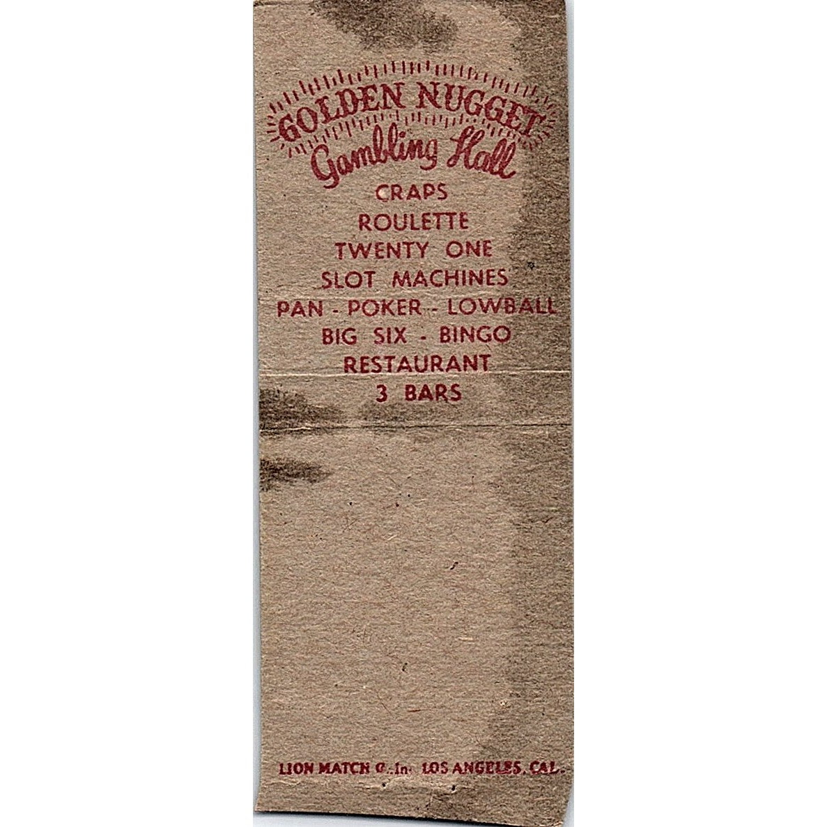 Golden Nugget Gambling Hall Las Vegas NV Vintage Matchbook Cover SE5-Y1