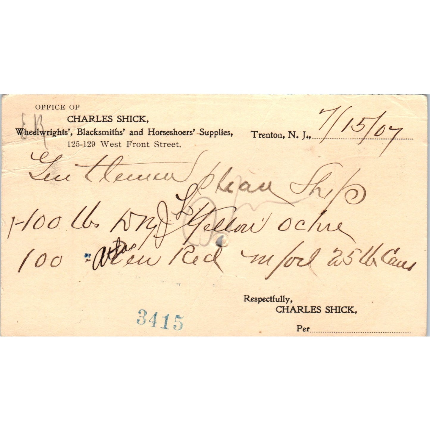 1907 Charles Shick Wheelwright Blacksmith Trenton NJ Postal Mailing Card PE4