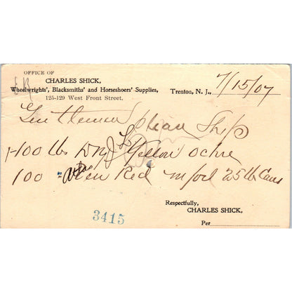 1907 Charles Shick Wheelwright Blacksmith Trenton NJ Postal Mailing Card PE4