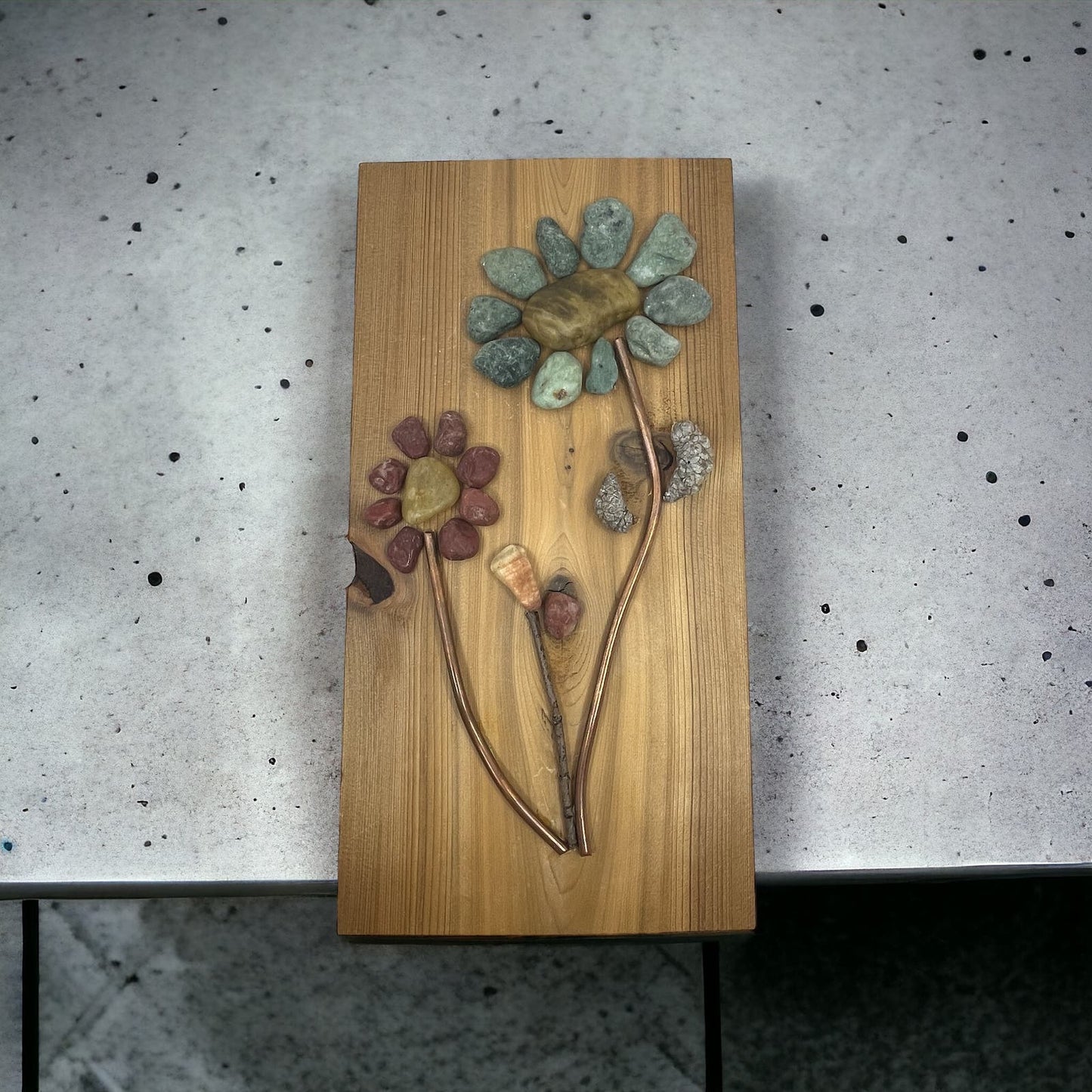 Rustic Wood, Copper and Rock Original Folk Wall Art Floral 7x14” TF5