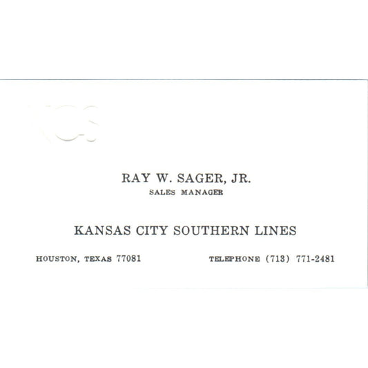 Kay W. Sager Jr Kansas City Southern Lines Vintage Business Card SD4-B4
