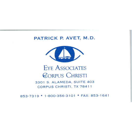 Patrick P. Avet MD Eye Associates Corpus Christi TX Vintage Business Card SD8-B3