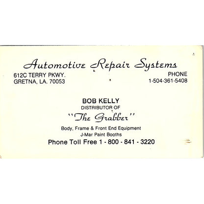 Bob Kelly Automotive Repair Systems Gretna CA Vintage Business Card SE3-B13