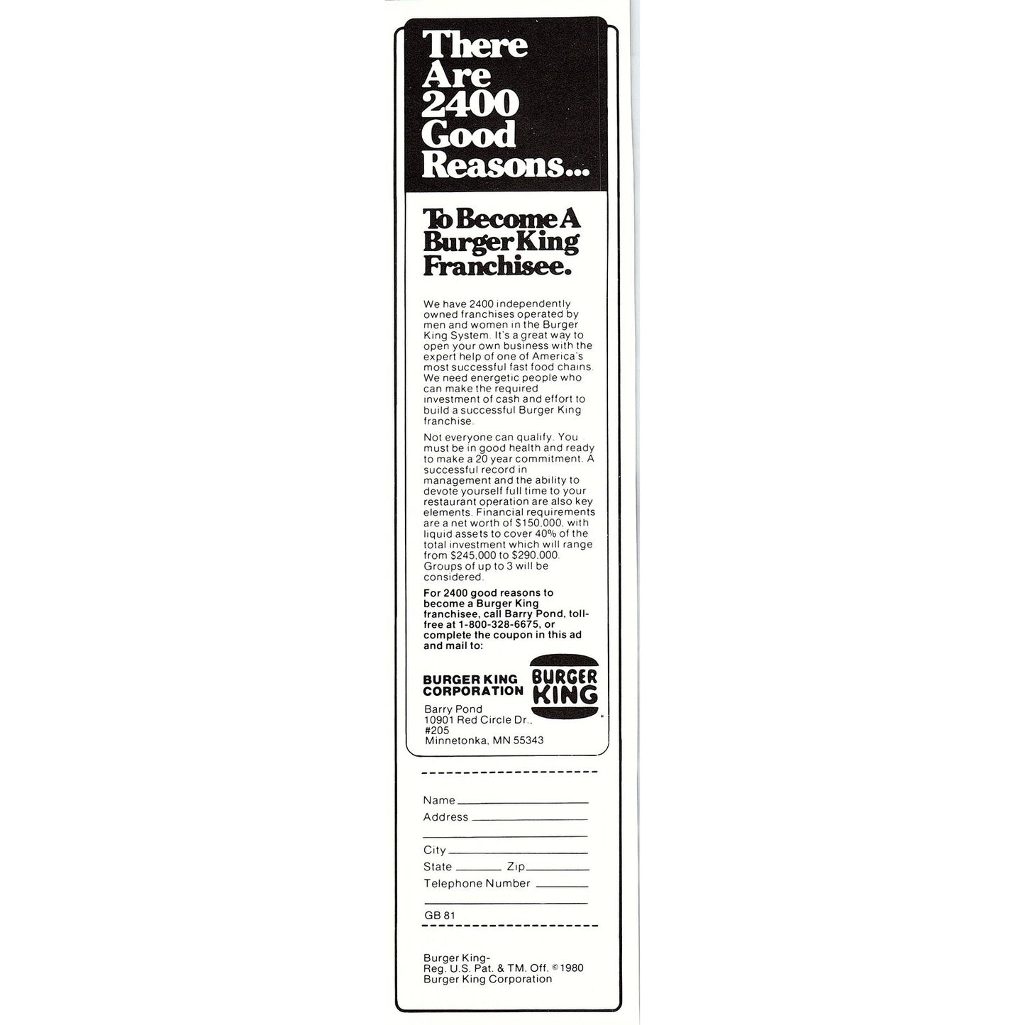 Become a Burger King Franchisee Barry Pond Minnetonka MN 2.5x10" 1981 Ad AF6-17