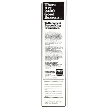 Become a Burger King Franchisee Barry Pond Minnetonka MN 2.5x10" 1981 Ad AF6-17