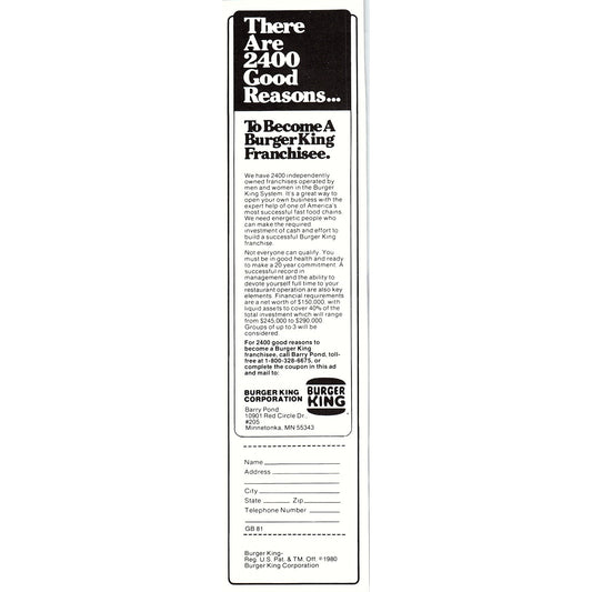 Become a Burger King Franchisee Barry Pond Minnetonka MN 2.5x10" 1981 Ad AF6-17