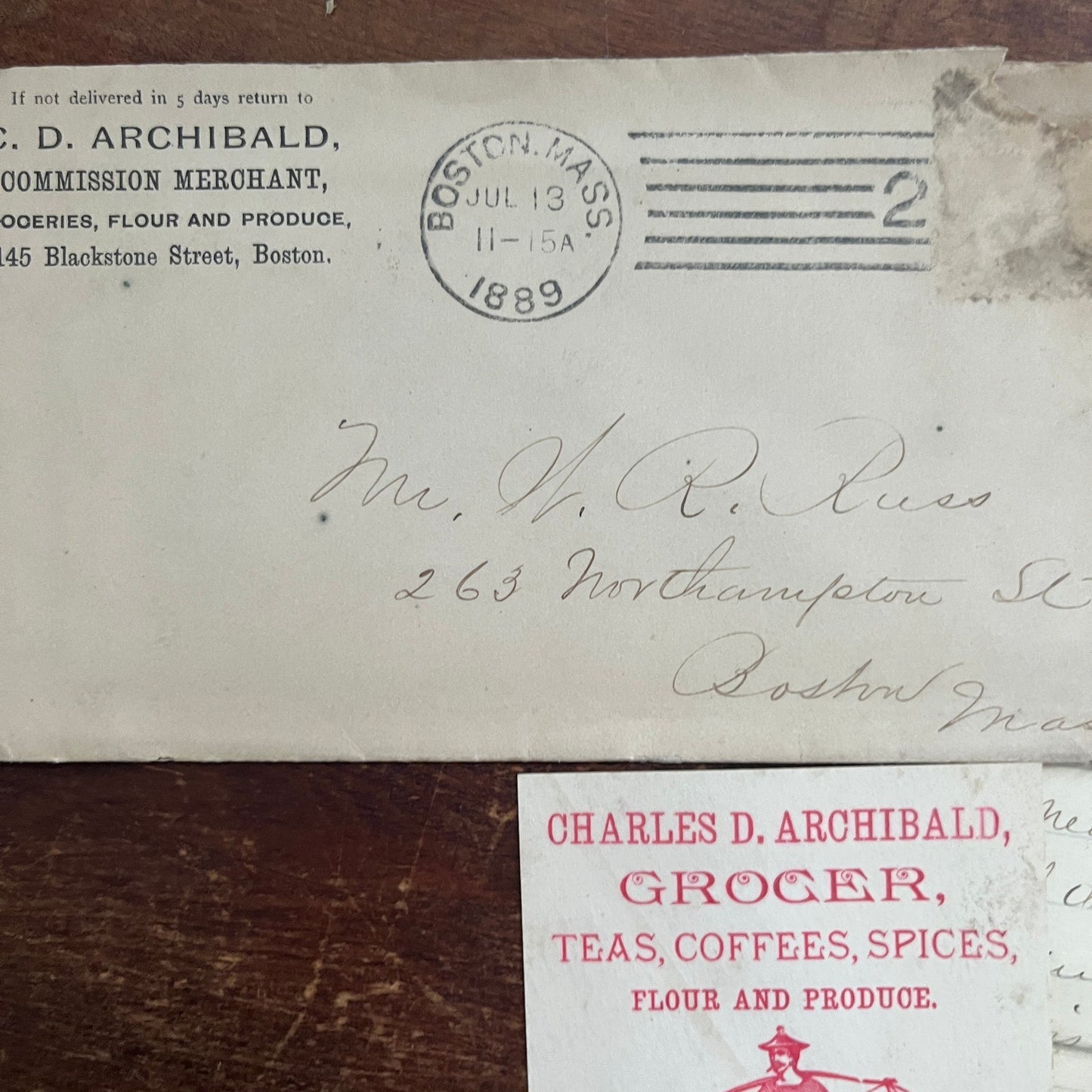 1889 C.D. Archibald Grocer Letter, Envelope & Business Card Boston AF4-1