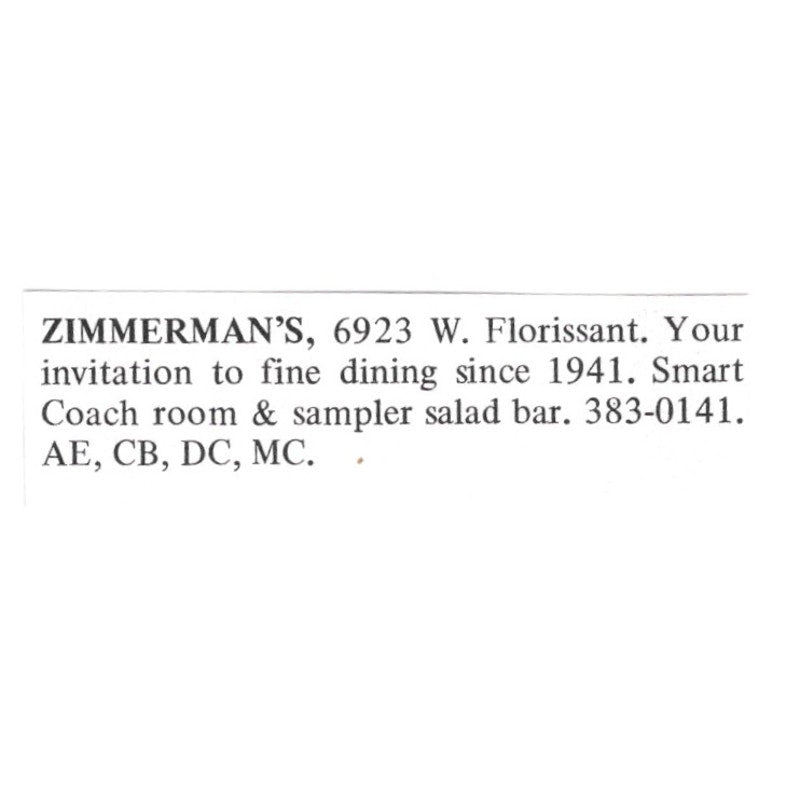 Zimmerman's Restaurant Coach Room St. Louis 1971 Magazine Ad AD8-O1
