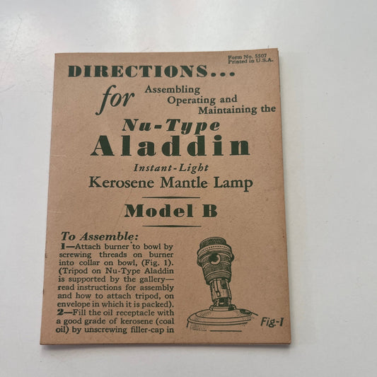 Vintage Nu-Type Aladdin Model B Kerosene Mantle Lamp Instruction Booklet AJ4-M4