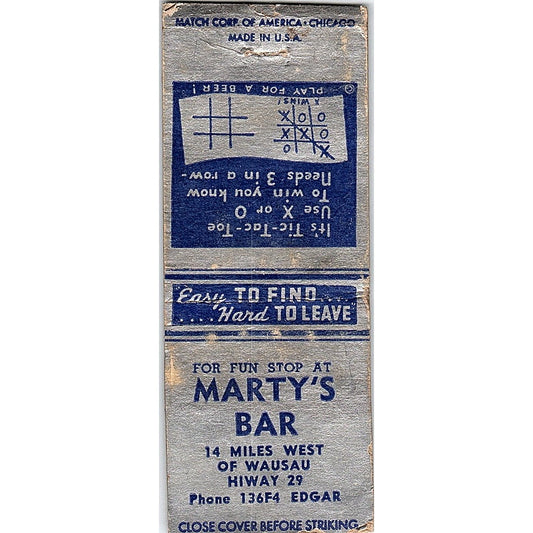 Marty's Bar Tic Tac Toe Wausau Vintage Matchbook Cover SC7-Y5