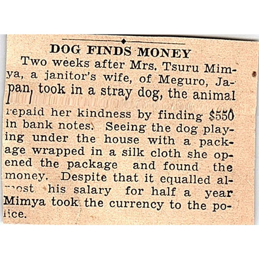 Dog Finds Money Article - Mrs Tsuru Mimya Japan 2x2 c1935 AF6-M3