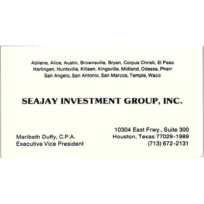 Seajay Investment Group Maribeth Duffy Houston TX Vintage Business Card SB4-B4
