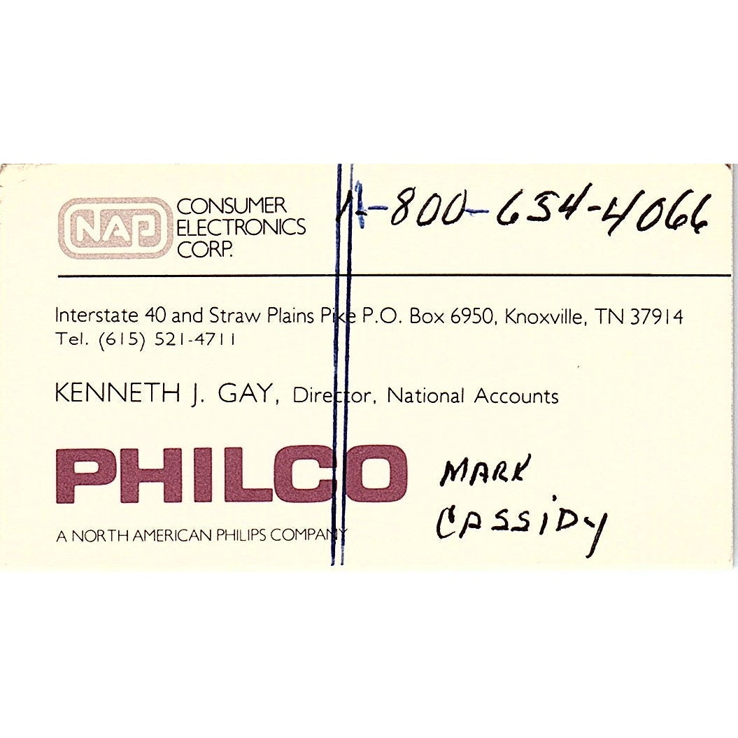 Kenneth J Gay Philco NAP Electronics Knoxville TN Vintage Business Card SC9-B5