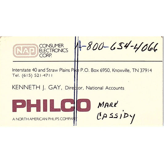 Kenneth J Gay Philco NAP Electronics Knoxville TN Vintage Business Card SC9-B5