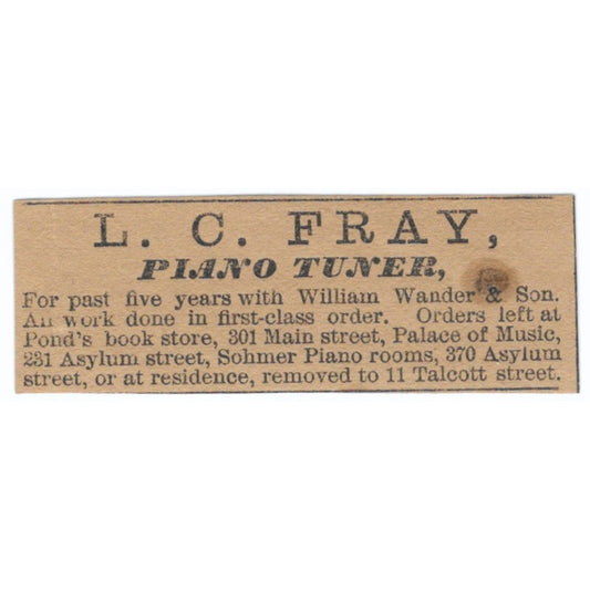 L.C. Fray Piano Tuner Talcott Street Hartford 1886 Newspaper Ad AF7-SS8