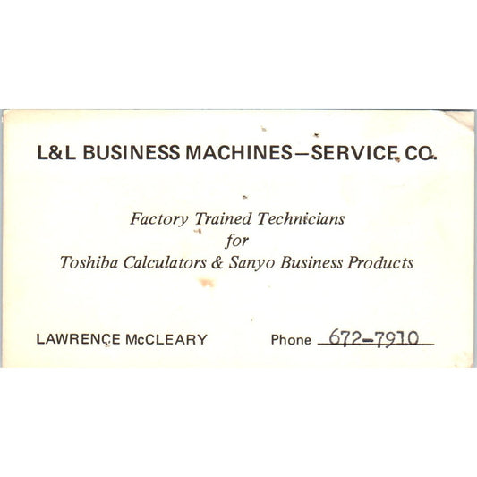 Lawrence McCleary L&L Business Machines Service CO Vintage Business Card SE3-B3