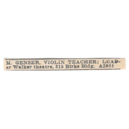 M. Genser Violin Teacher Walker Theatre 315 Birks Bldg Winnipeg 1920 Ad AG2-S10