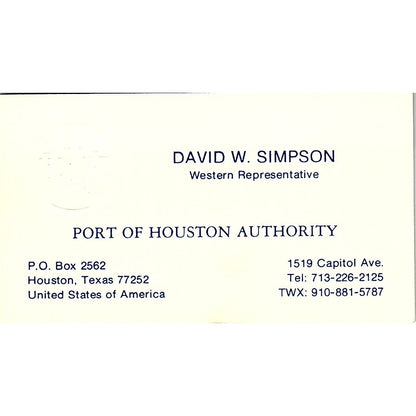 David W Simpson Port Authority of Houston Vintage Business Card SC9-B2