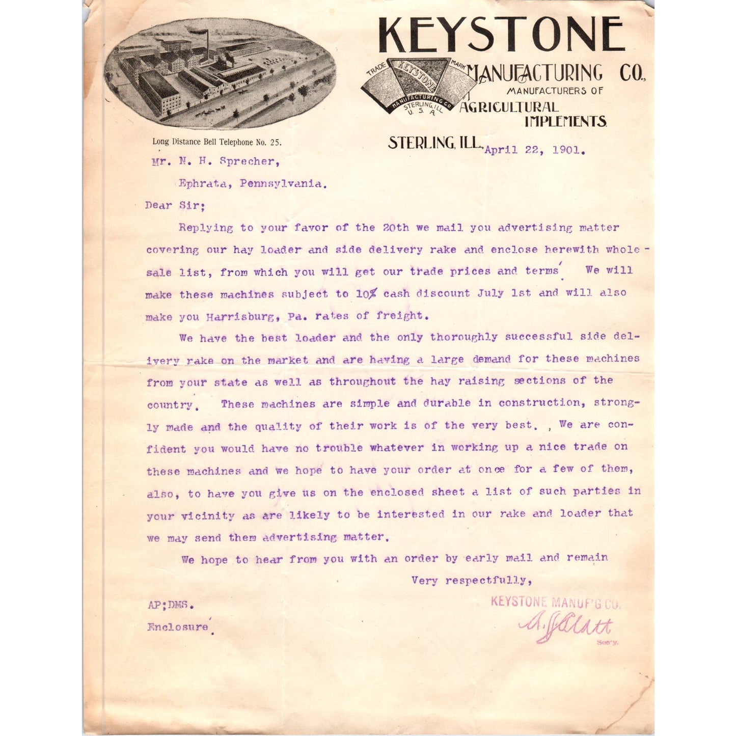 1901 Keystone Manufacturing Co Agricultural Implants Sterling IL Letterhead D11