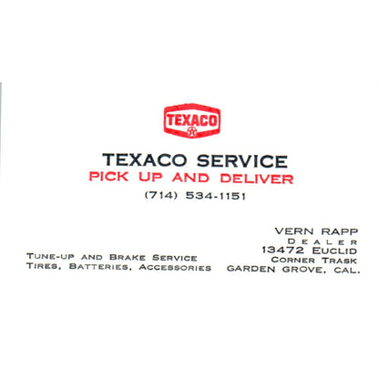 Vern Rapp Texaco Service Garden Grove CA Vintage Business Card SD8-B21