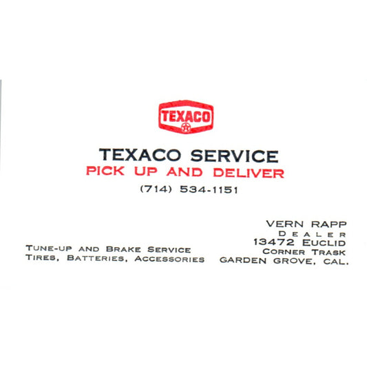 Vern Rapp Texaco Service Garden Grove CA Vintage Business Card SD8-B21