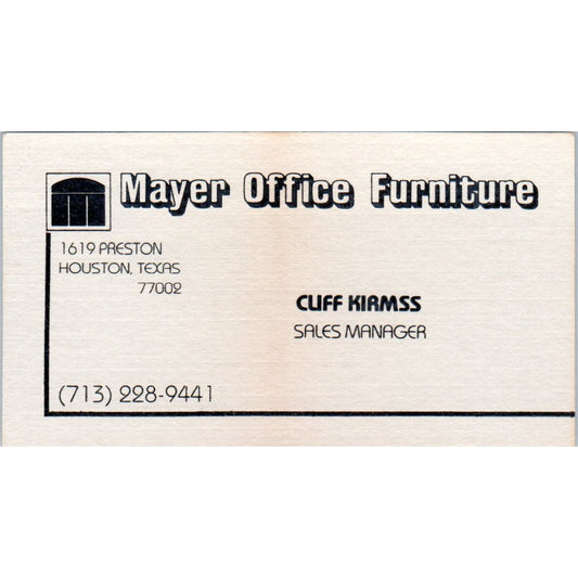 Mayer Office Furniture Cliff Kirmss Houston Vintage Business Card SD8-B20