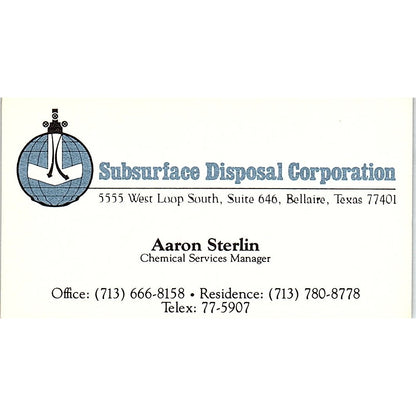Subsurface Disposal Corporation ,Aaron Sterlin ,BellaireTX ,Business Card SF3-B9