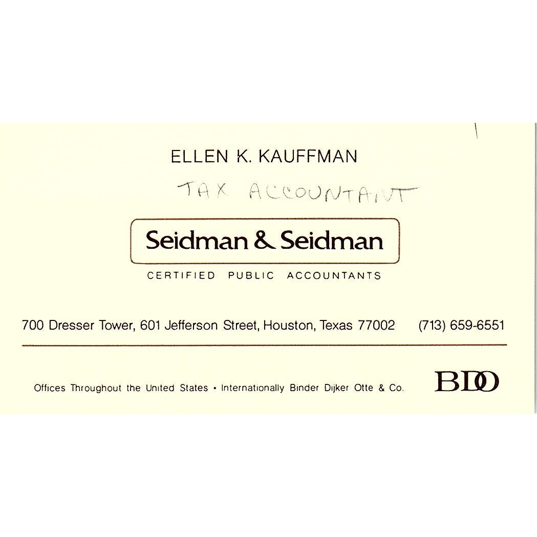 Ellen K Kauffman Seidman & Seidman CPA Houston TX Vintage Business Card SD9-B1