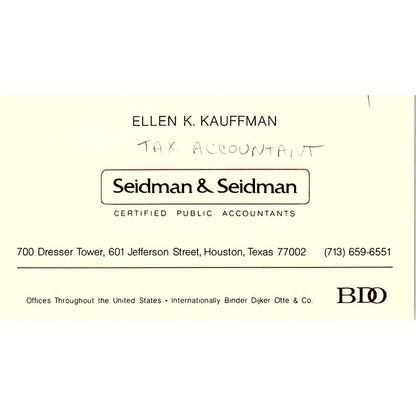 Ellen K Kauffman Seidman & Seidman CPA Houston TX Vintage Business Card SD9-B1