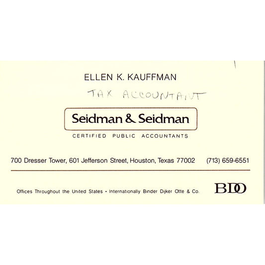 Ellen K Kauffman Seidman & Seidman CPA Houston TX Vintage Business Card SD9-B1