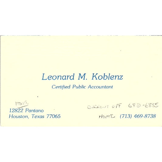 Leonard M Koblenz CPA Houston TX Vintage Business Card SD9-B1
