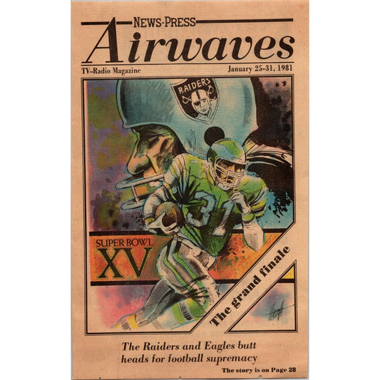 Superbowl XV Raiders Eagles Illustration 1981 Ft Myers Airwaves COVER ONLY AI5-5