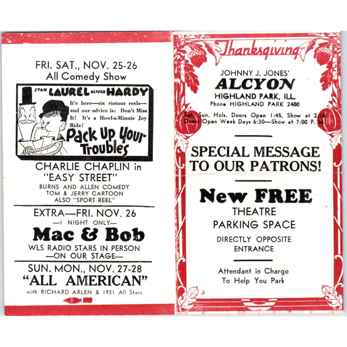 c1932 Johnny J. Jones Alcyon Theatre Highland Park IL Program Laurel & Hardy AB9