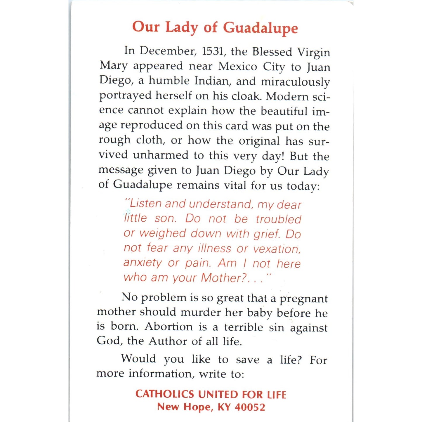 Our Lady of Guadalupe Catholics United for Life New Hope KY Vintage Card TH2-PC1