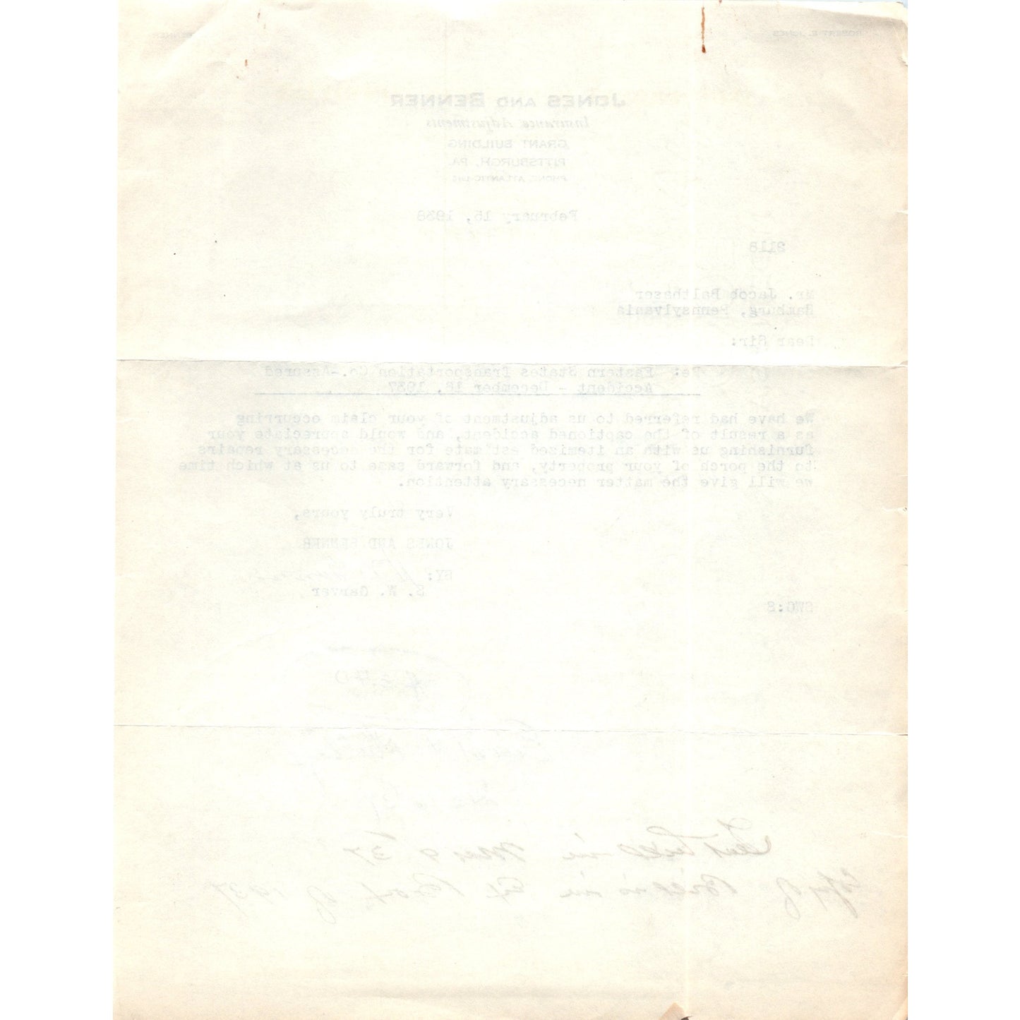 1938 Jones and Benner Ins. Adjustments Pittsburgh PA Letterhead Memo D20