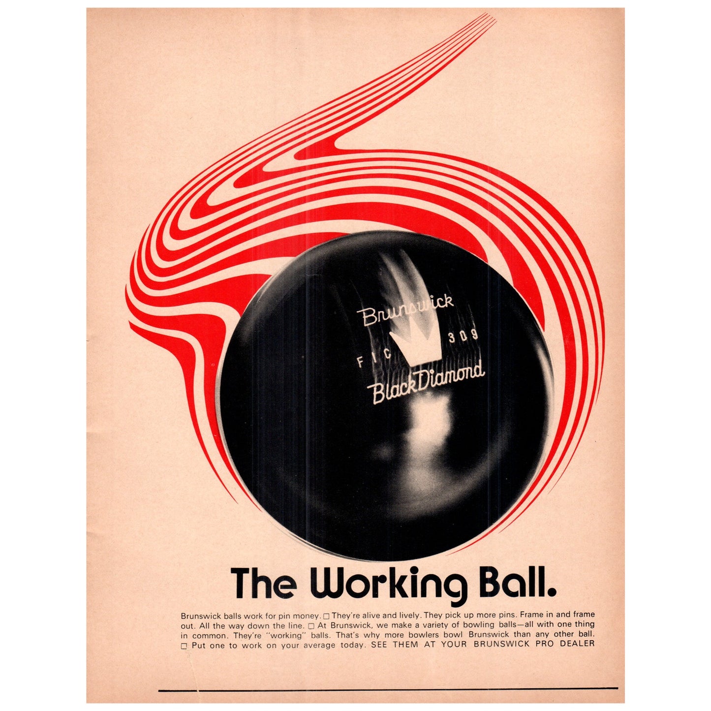 Brunswick Black Diamond The Working Bowling Ball 1969 Bowling Program Ad D25