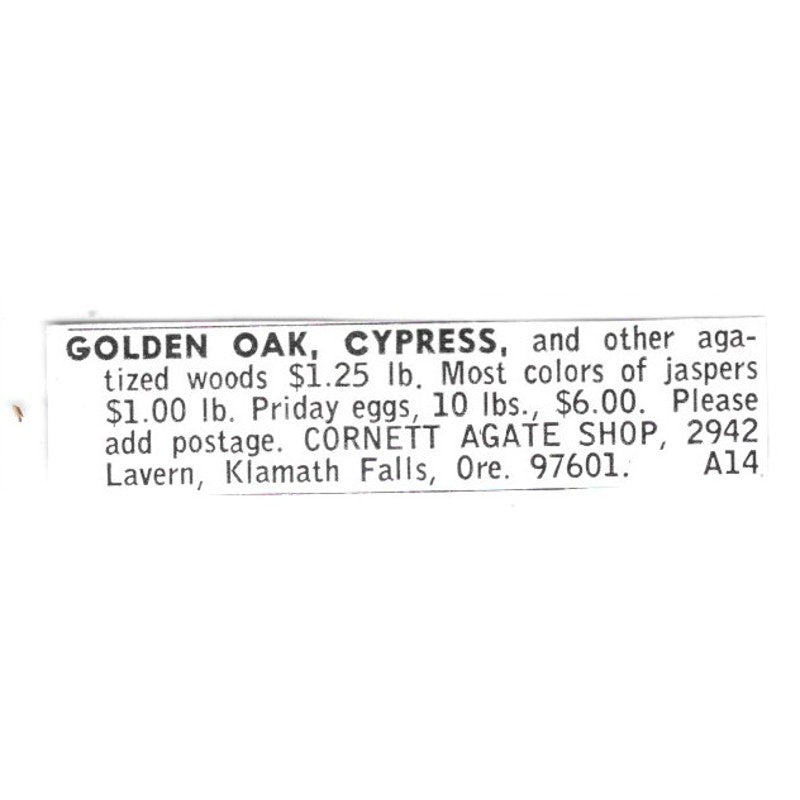 Cornett Agate Shop Golden Oak Cypress Klamath Falls OR 1972 Ad AF8-S17