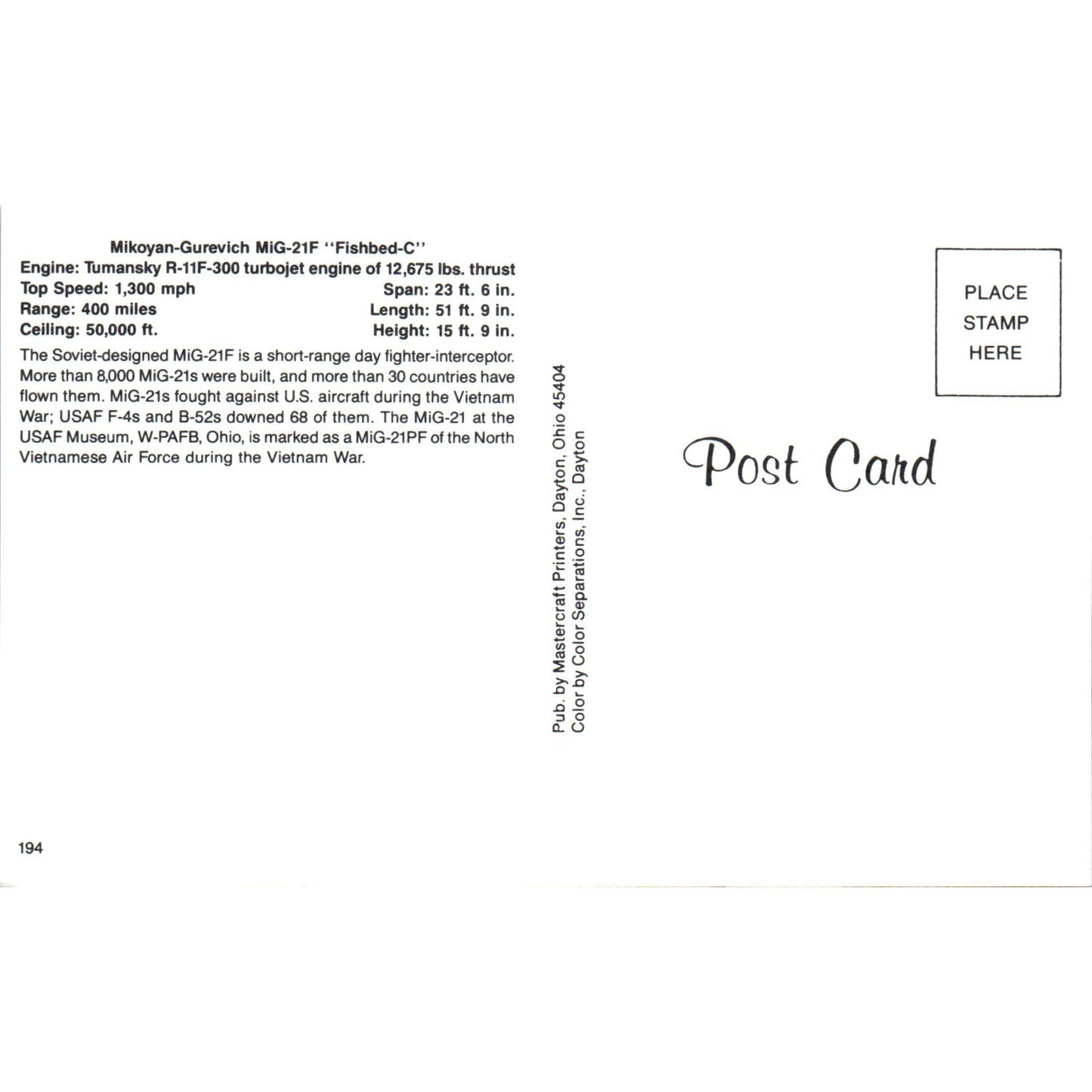 Mikoyan-Gurevich MiG-21F Fishbed-C Vintage Postcard TG8-PC