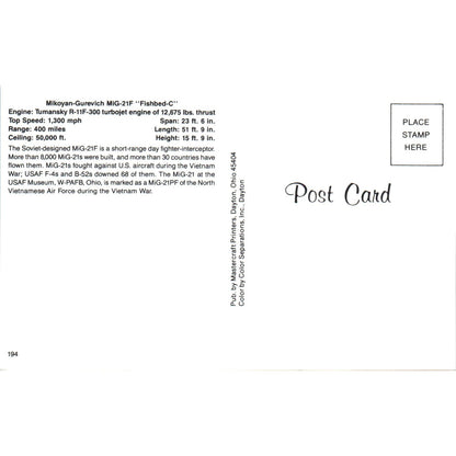 Mikoyan-Gurevich MiG-21F Fishbed-C Vintage Postcard TG8-PC