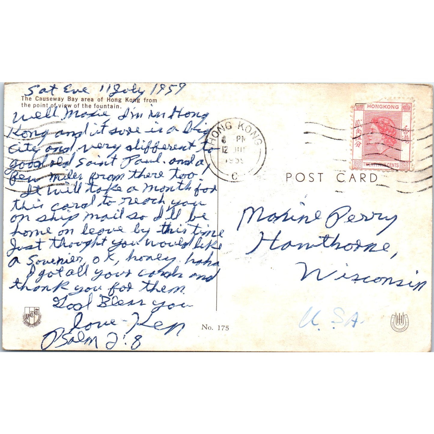 1959 Causeway Bay Area of Hong Kong Vintage Postcard PD9